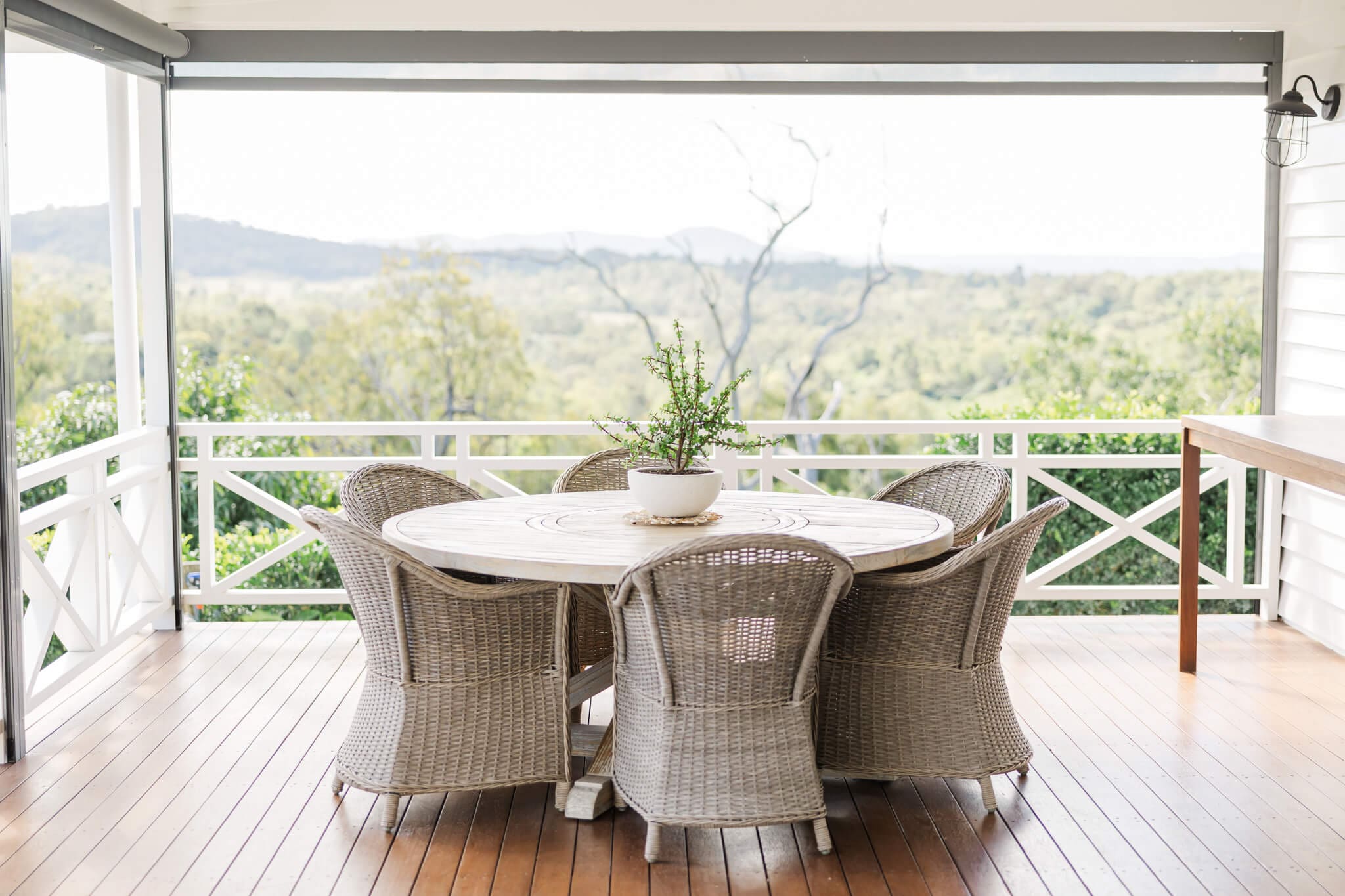 Gorgeous veranda area overlooking scenic views at the accommodation at Ambrym Estate near Yeppoon.