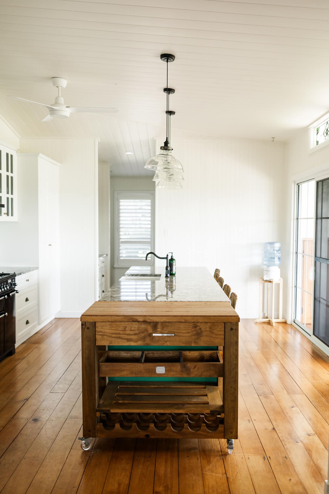 Gorgeous wooden bench in the kitchen area in the Farmhouse accommodation at the Ambrym Estate.