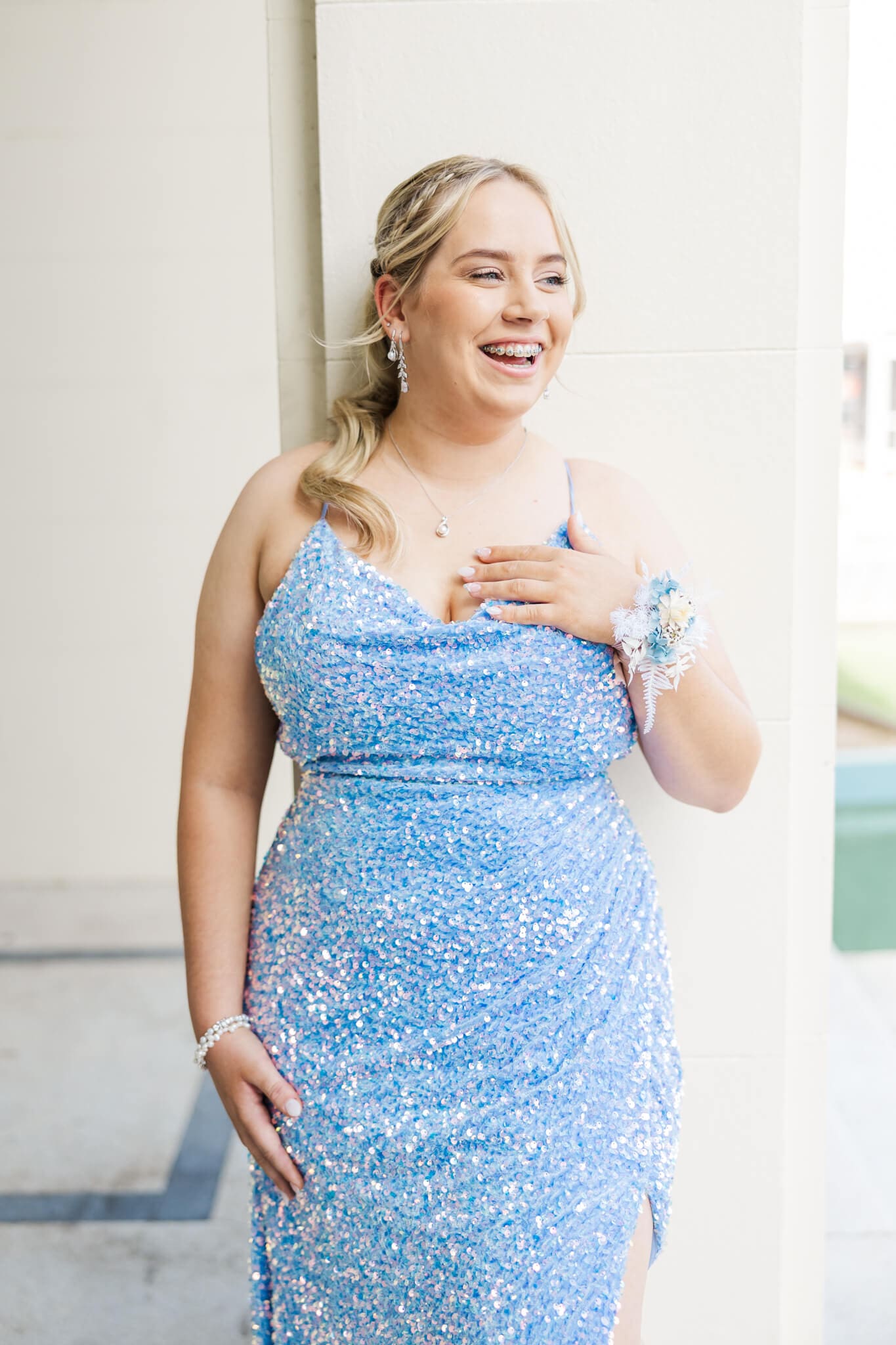 High school senior in her sky blue dress, posing for her formal photos. Captured by Julie-Anne Photography, Rockhampton, Queensland.