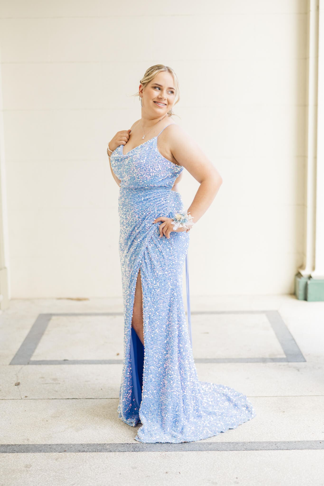 Stunning formal photo of high school senior in a sky blue formal dress, Rockhampton Queensland. Captured by Julie-Anne Photography.
