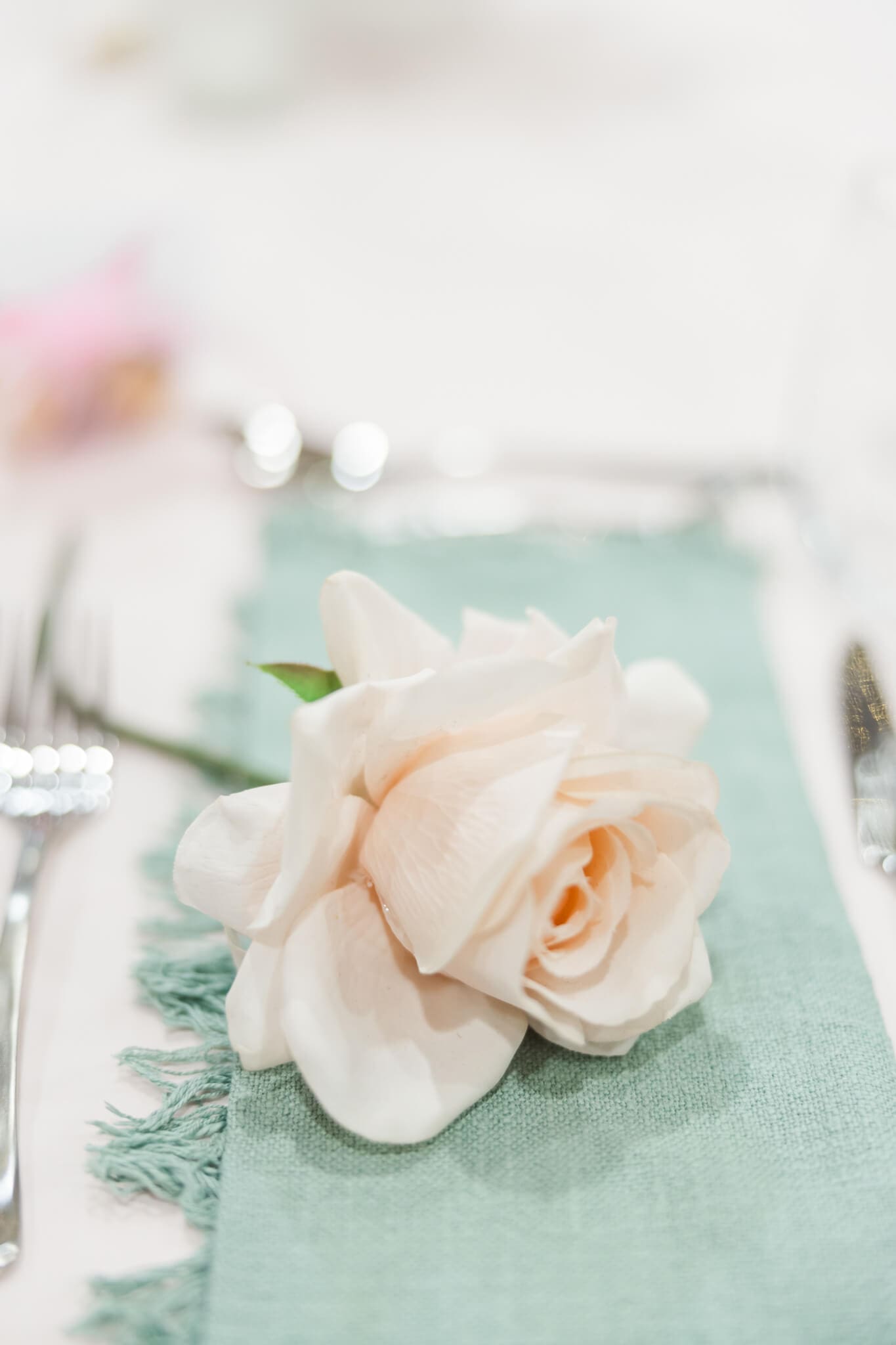 A beautiful pink rose lying on a green napkin at a wedding reception in Rockhampton, Queensland.