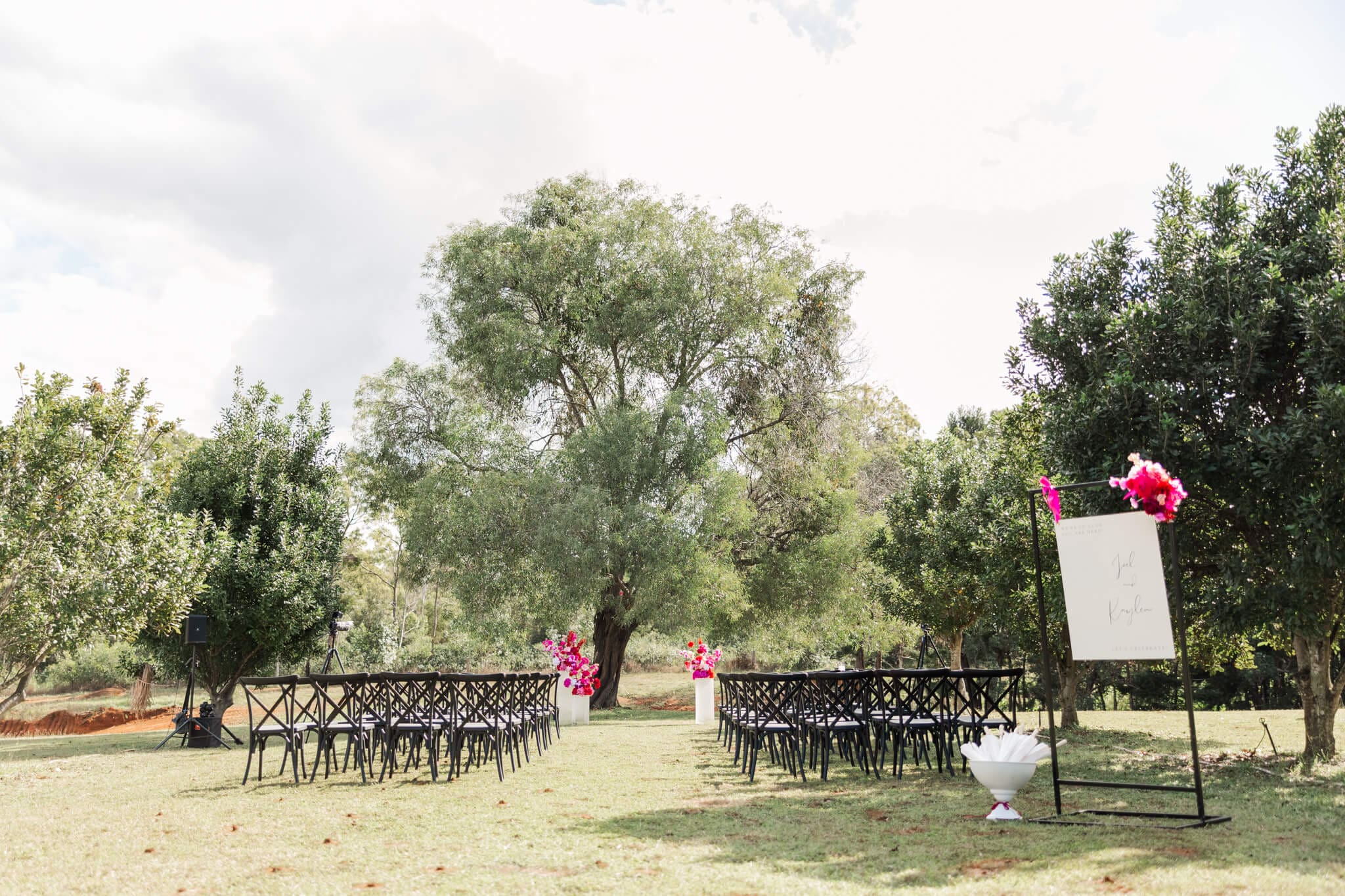 Wedding ceremony set up by Little List Co. Photographed at The Orchard, Yeppoon.