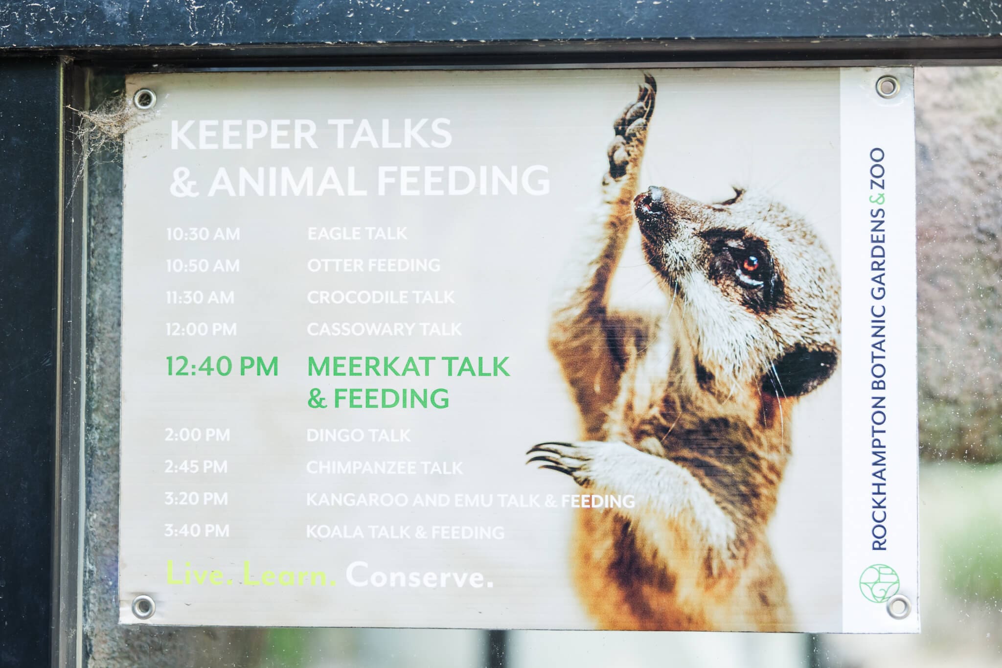 Keeper talks and animal feeding times sign at the Rockhampton Zoo.