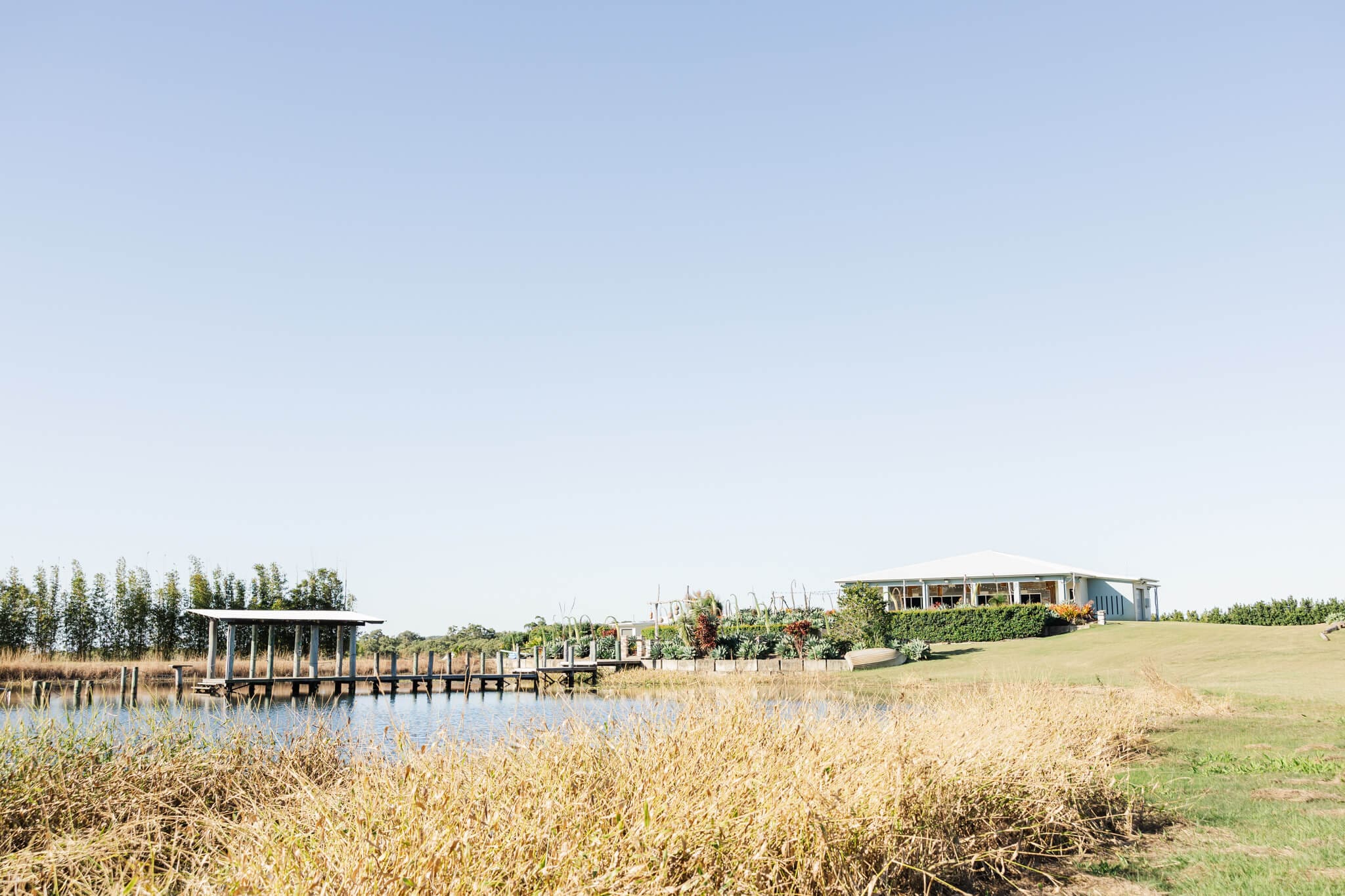 Wedding venue at Emu Park, Queensland, overlooking picturesque dam with a cute jetty.