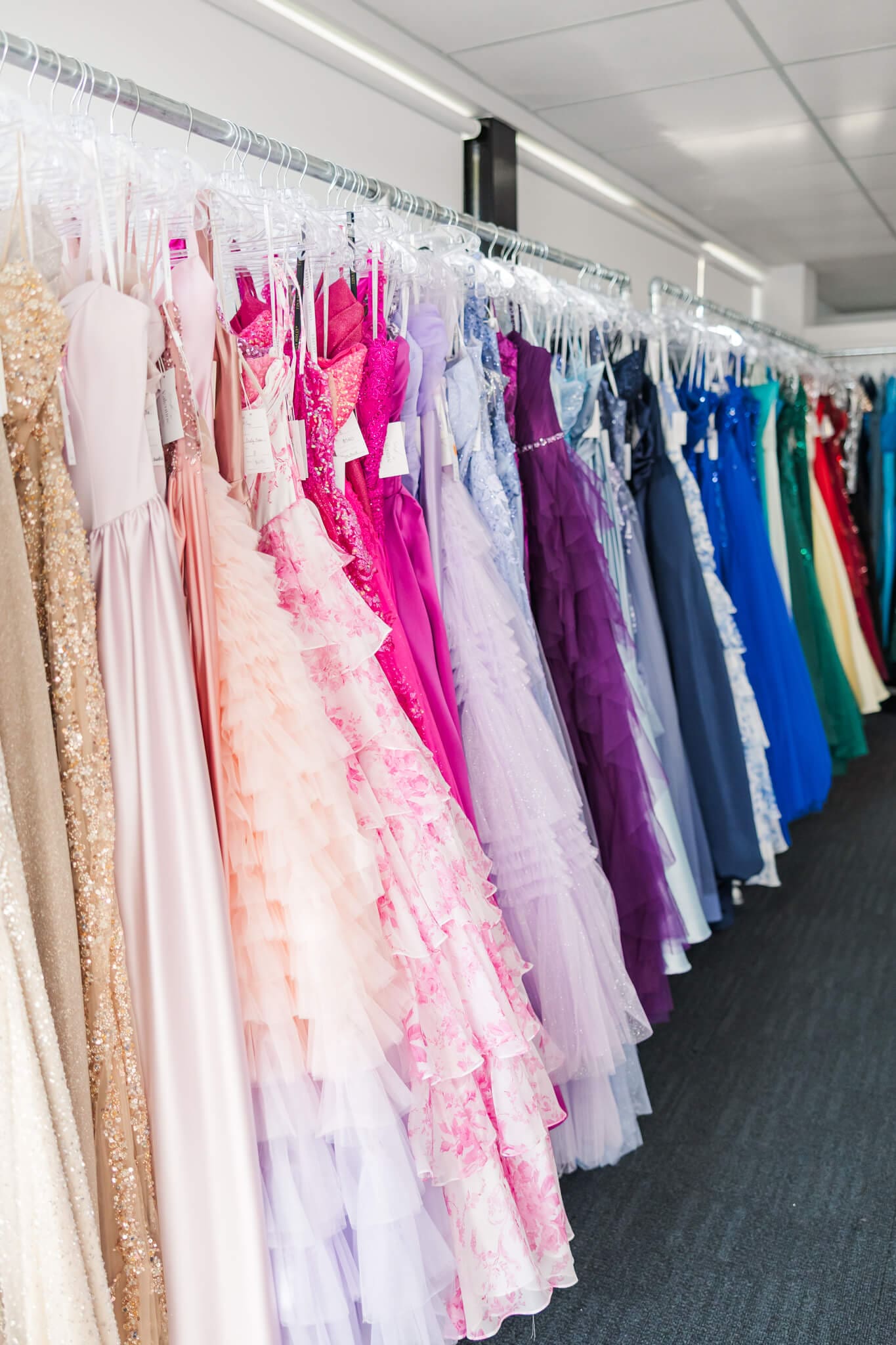 Rack of graduate dresses in a formal dress store in Rockhampton.