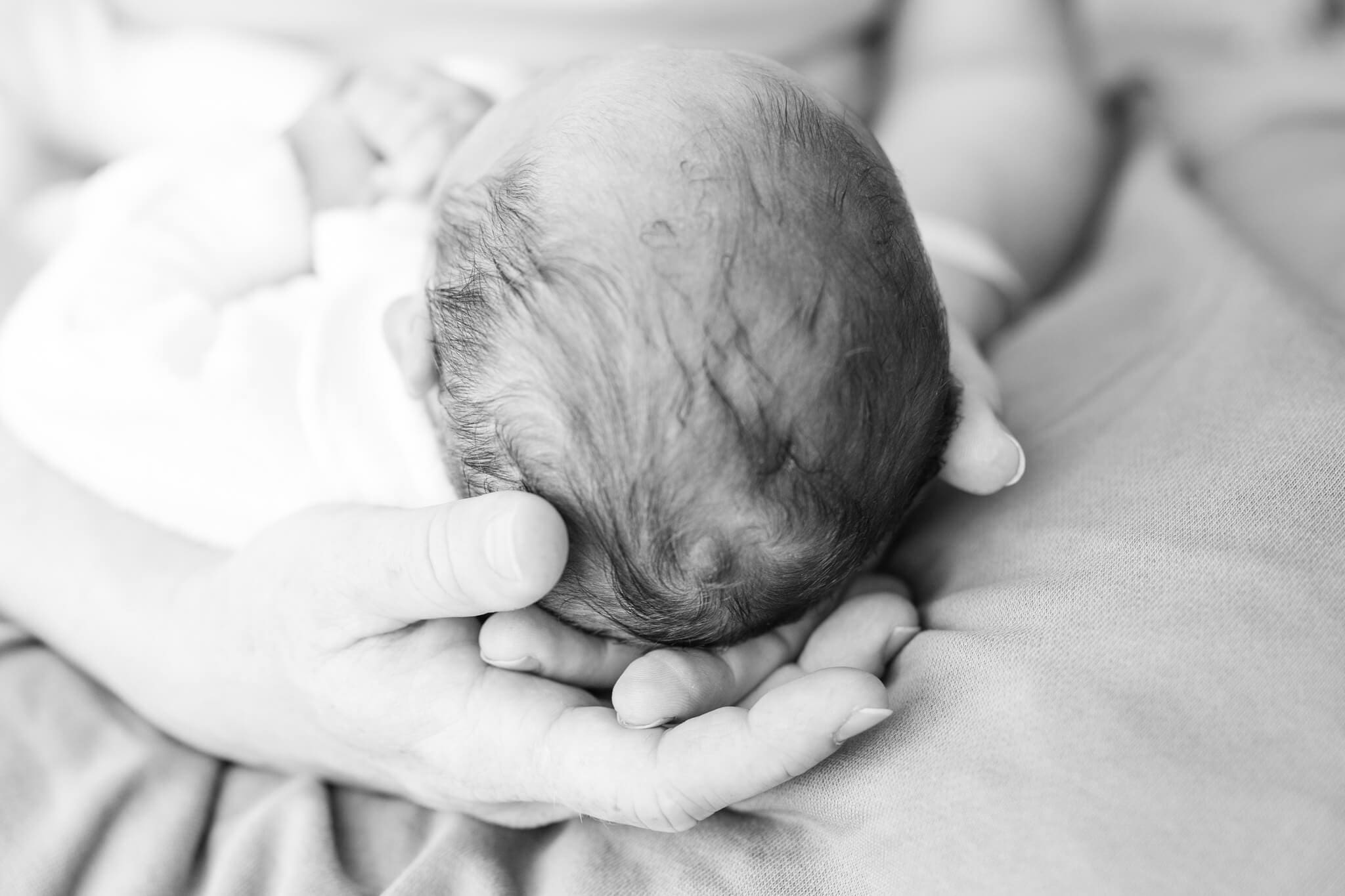 Black and white image of baby's head cradle in mums hands.