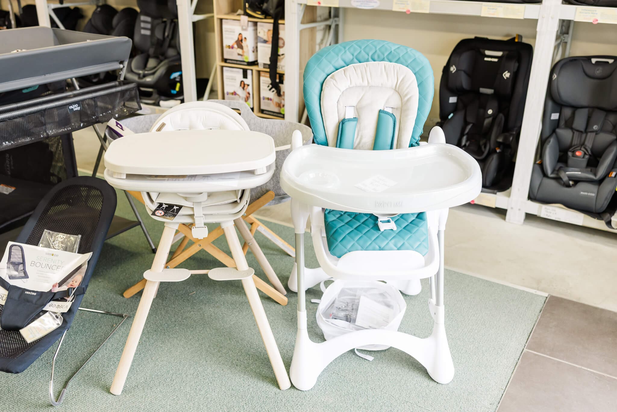 Some stock in a baby shop in Rockhampton featuring highchairs