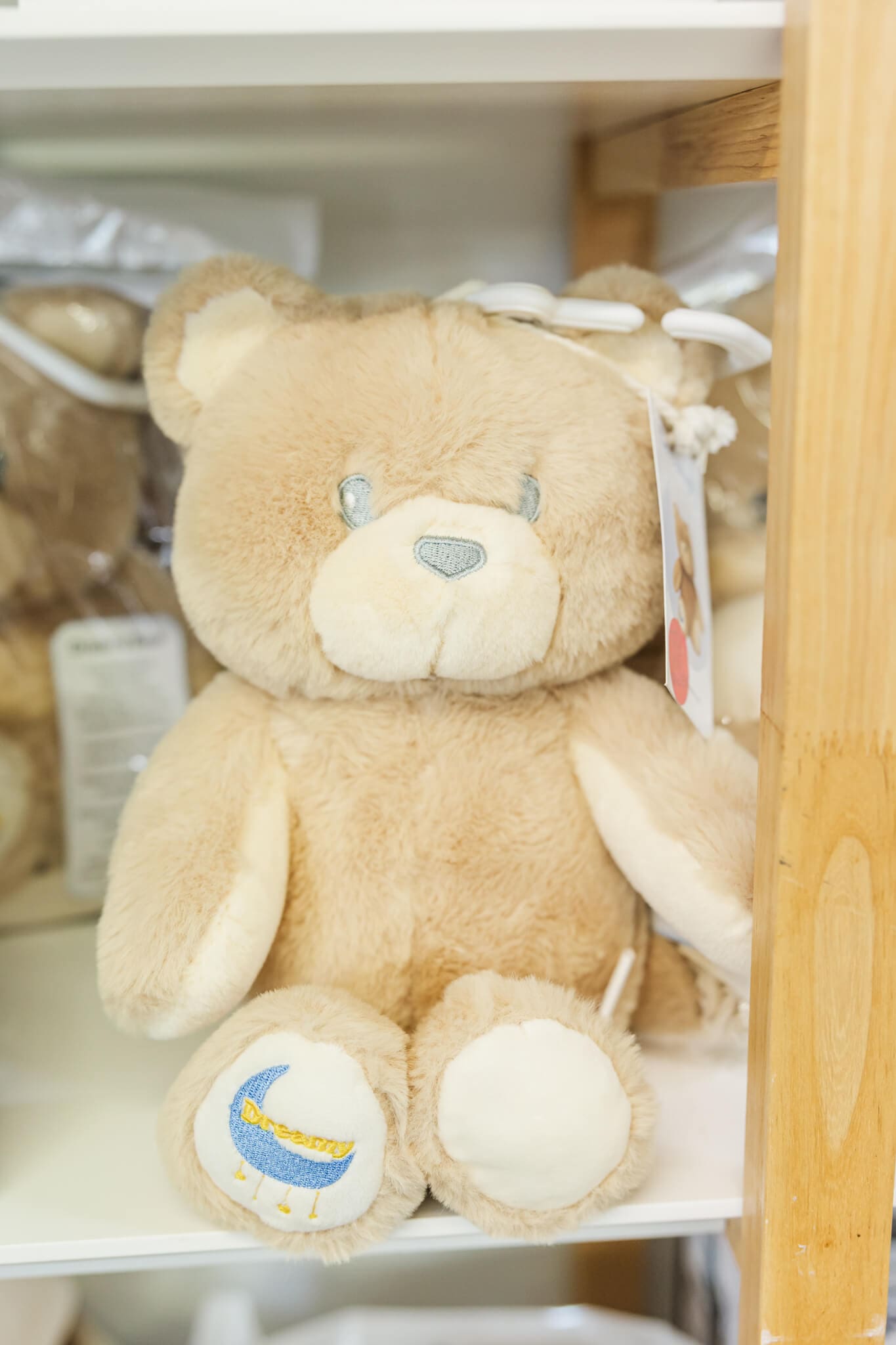 A cute cream coloured teddy bear on a store shelf.