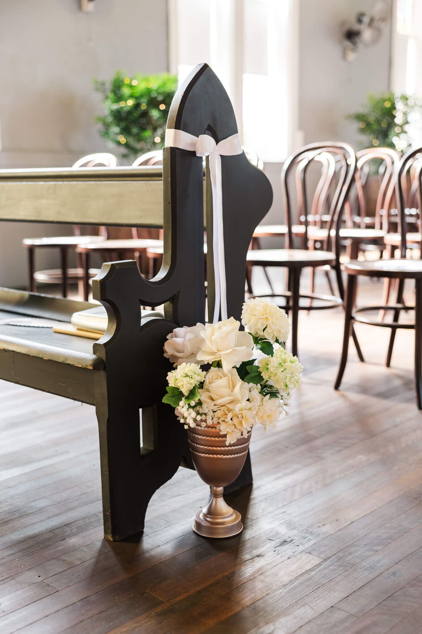 Church pews at The Church Events Venue in Rockhampton. Stunning wedding venue captured by Julie-Anne Photography.