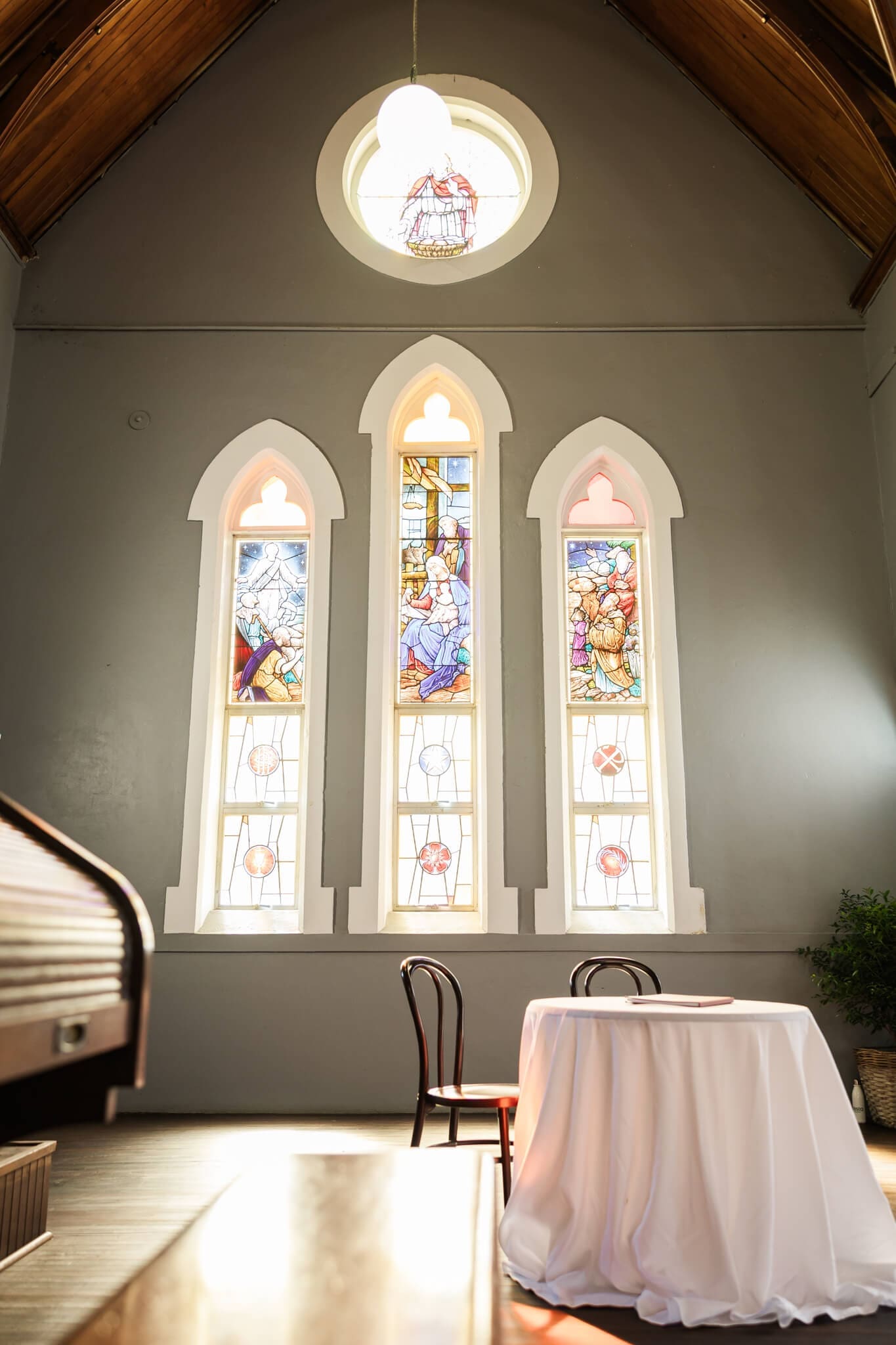 Stained glass at The Church Events Venue in Rockhampton. Stunning wedding venue captured by Julie-Anne Photography.