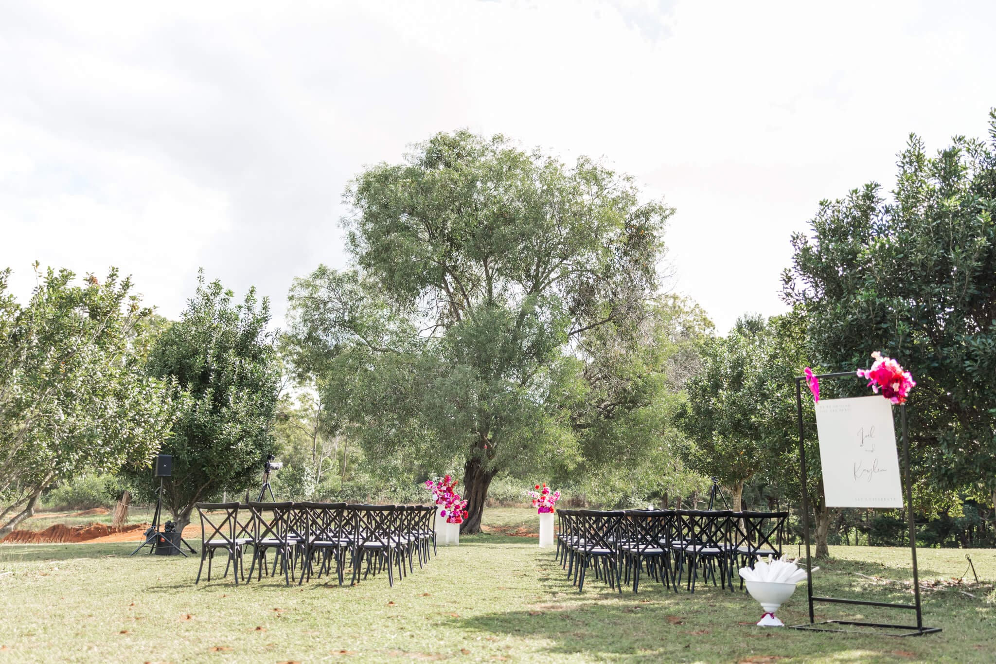 Ceremony option at Orchard Yeppoon. Black chairs, pink and magenta florals set up in a charming orchard.