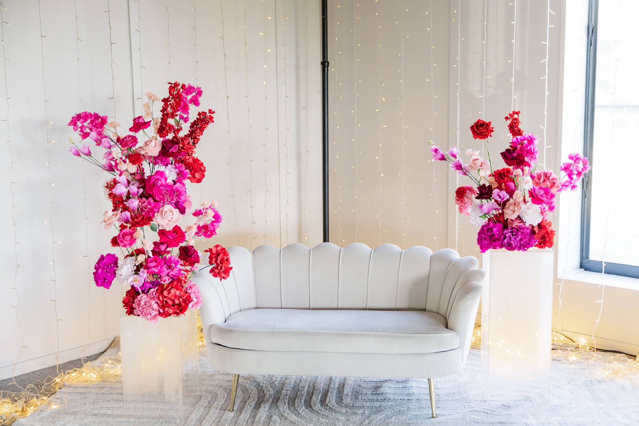 Beautiful floral arrangements at a wedding reception held at The Orchard, Yeppoon.