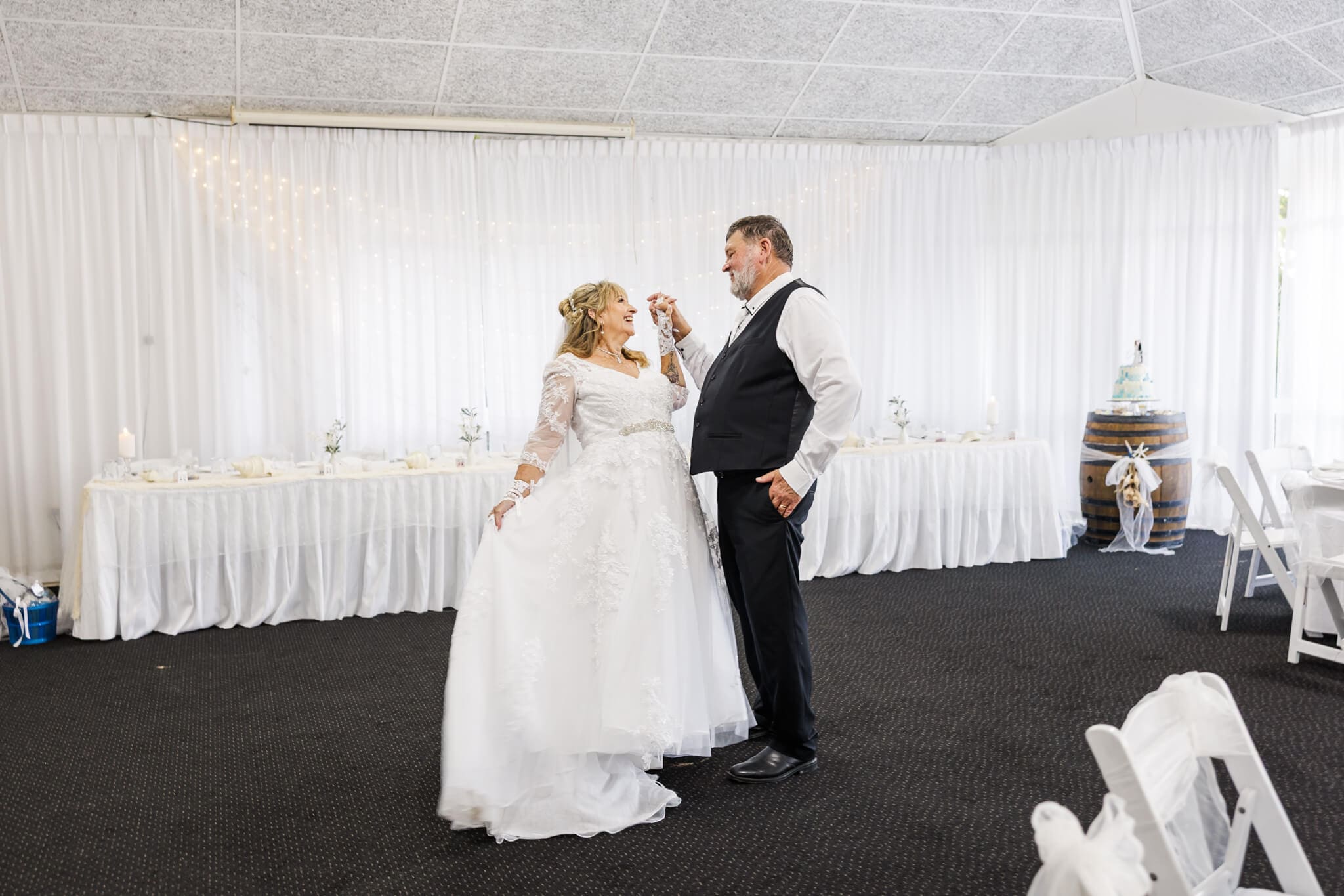 On the dance floor at a wedding reception. A Yeppoon Wedding venue near the Rosslyn Bay Marina.