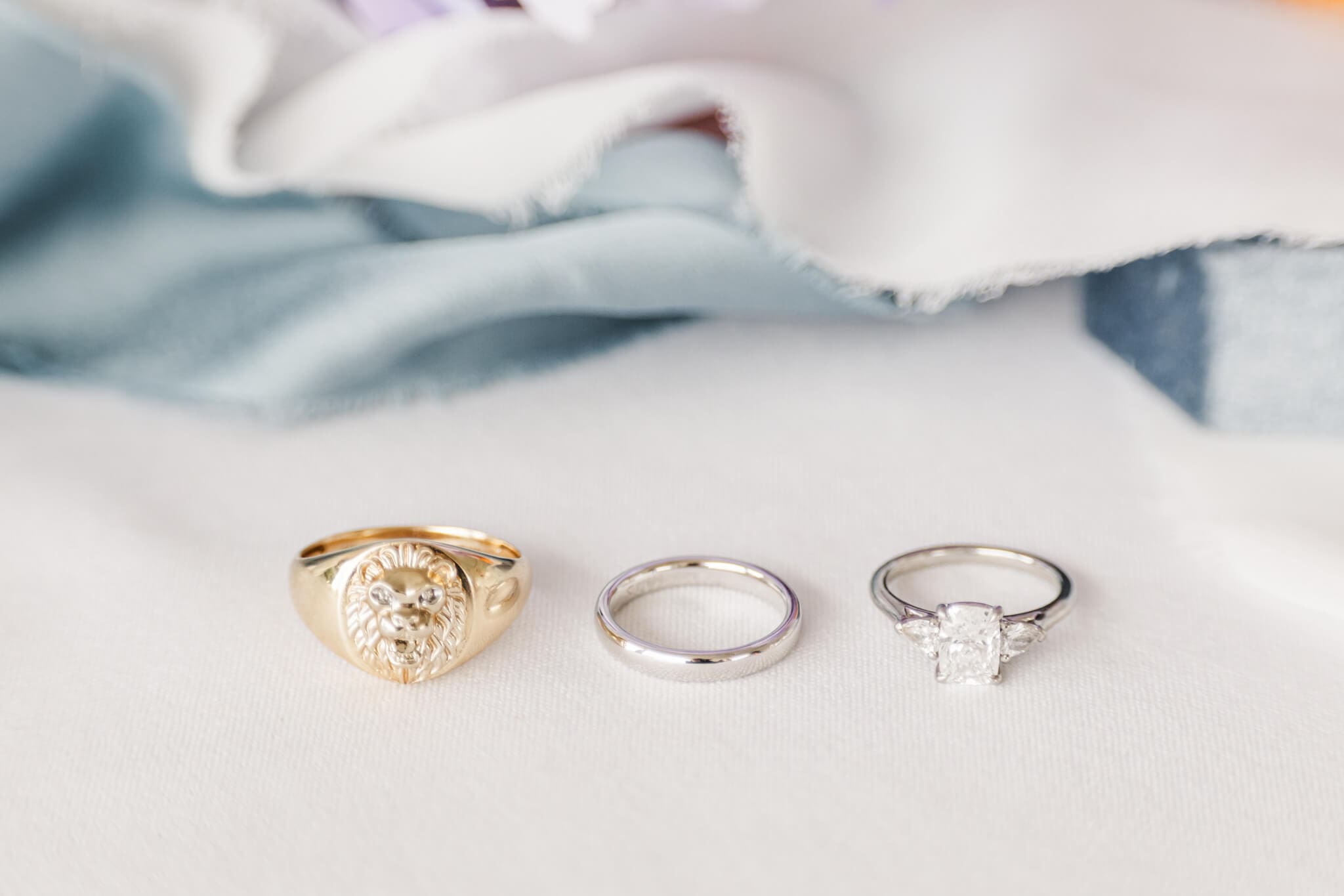 Detail shot of bride and grooms rings on their wedding day.