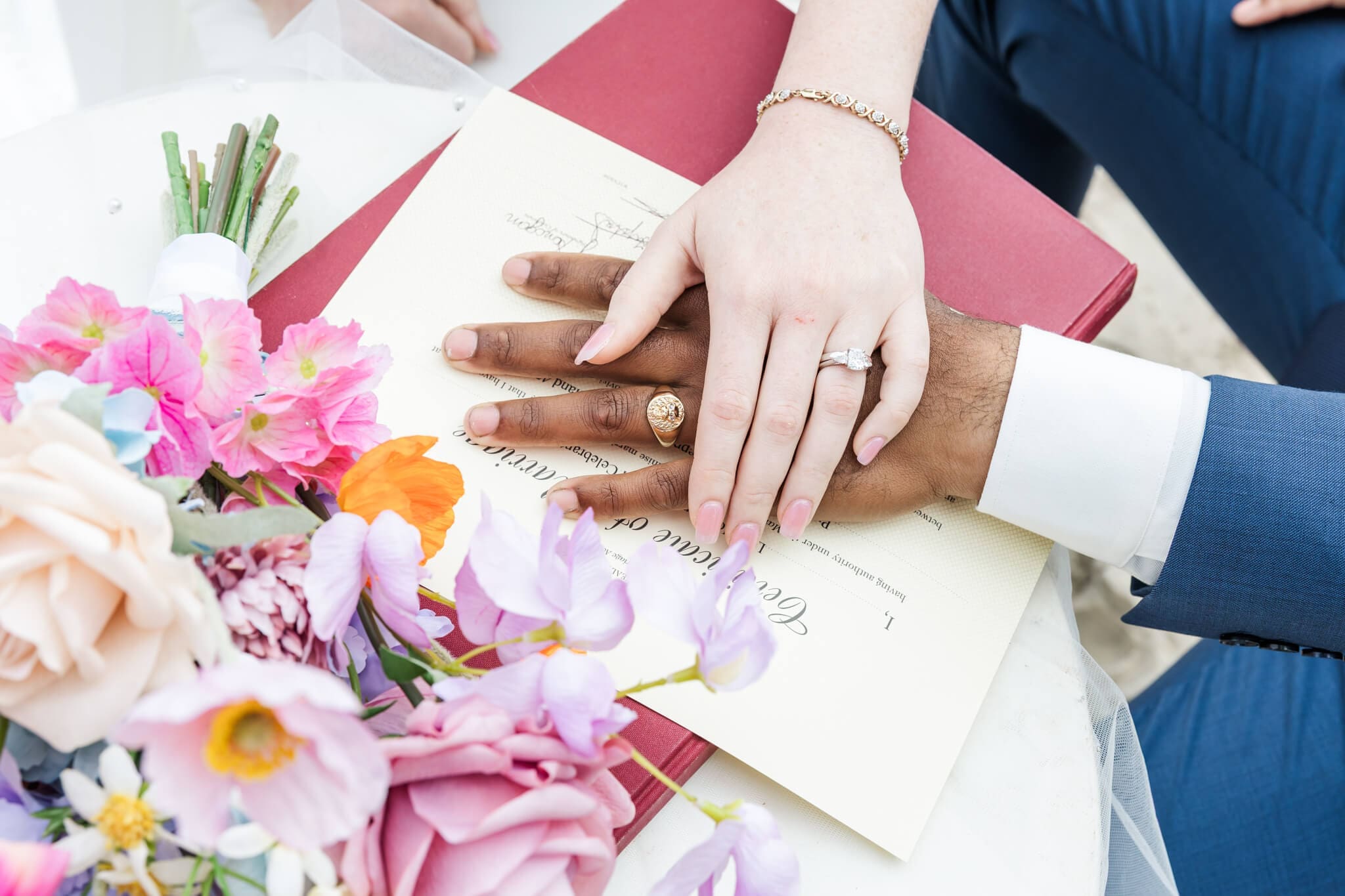 A bride and grooms hands over their marriage certificate showing their rings and beautiful flowers in the foreground.