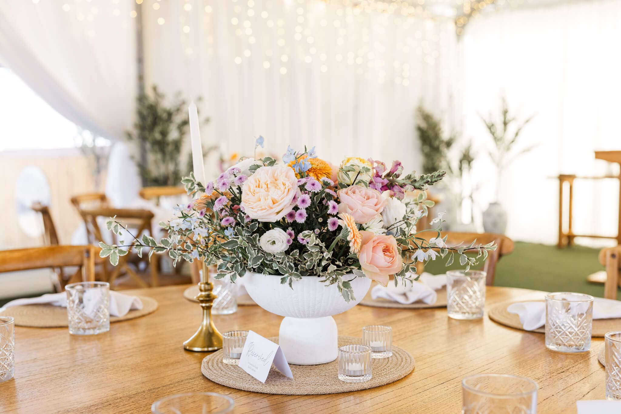 Centre piece floral arrangements at a luxury wedding venue near Yeppoon, Queensland.