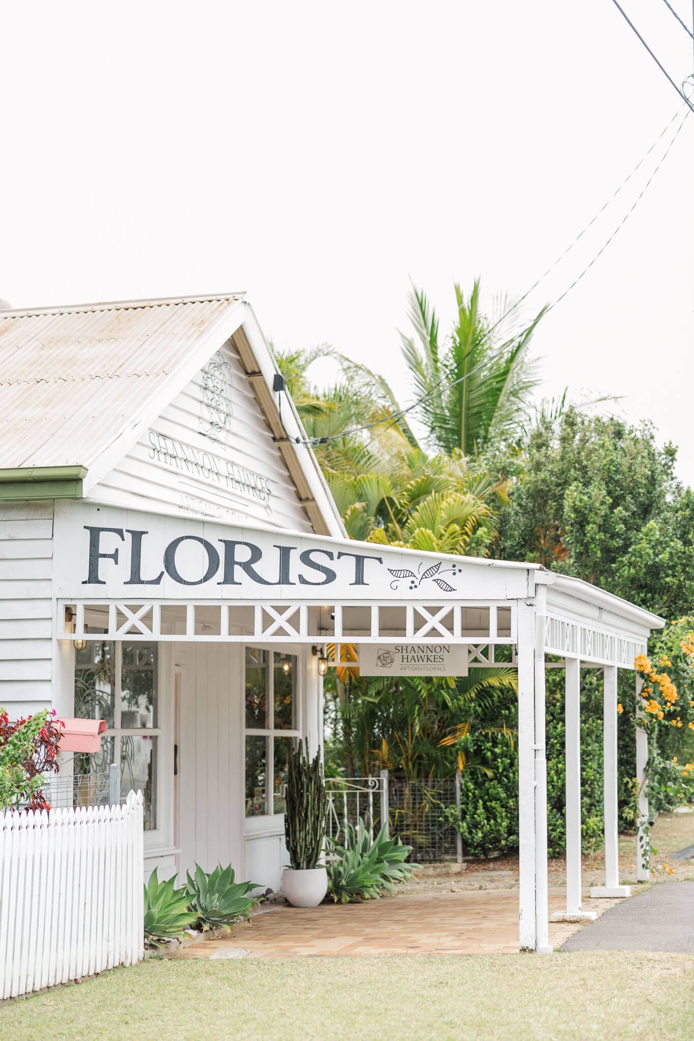 Exterior of Shannon Hawkes Rockhampton shop front. Beautiful pink door, white building and potted plants on a patio.