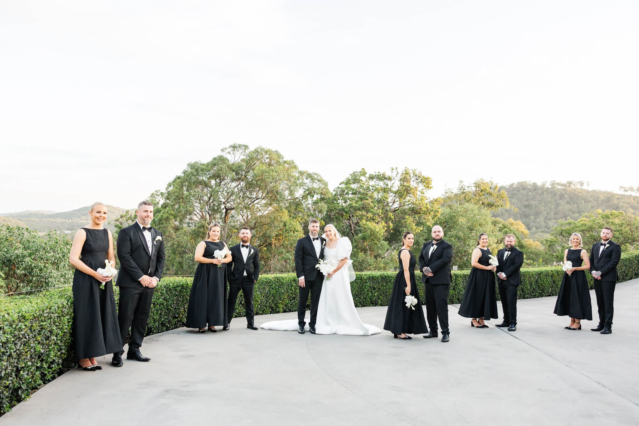 Editorial wedding photo of a very bridal party, carefully posed for a formal shot.