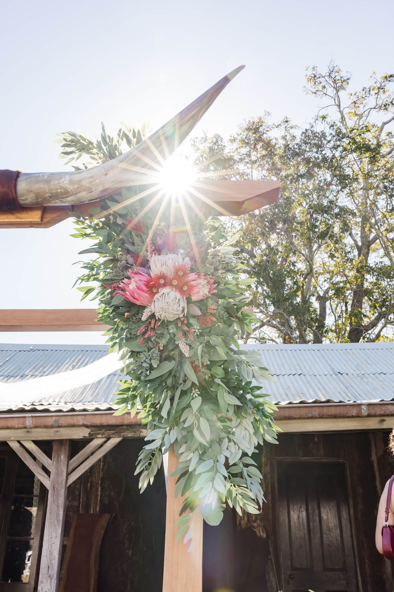 A beautiful floral piece hanging on a wedding arbor, featuring Australian native flowers that are pink and red, surrounded by green native leaves.