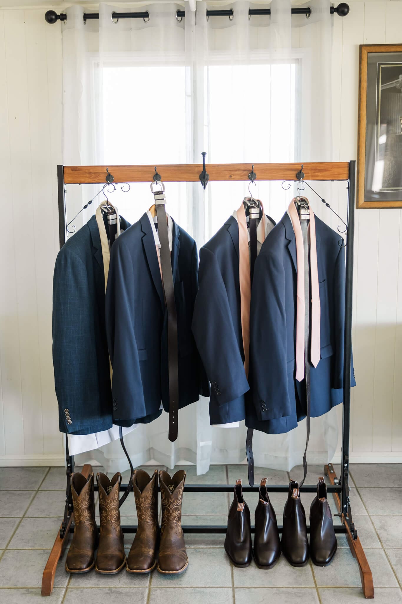 Jackets and boots ready for the Groom and his men in the preparation rooms at The Old Station Raglan.