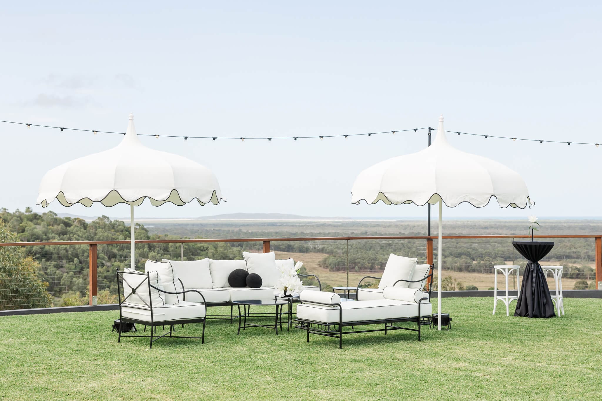 Luxury wedding hire Rockhampton, decorating Ambrym Estate for a wedding cocktail hour.