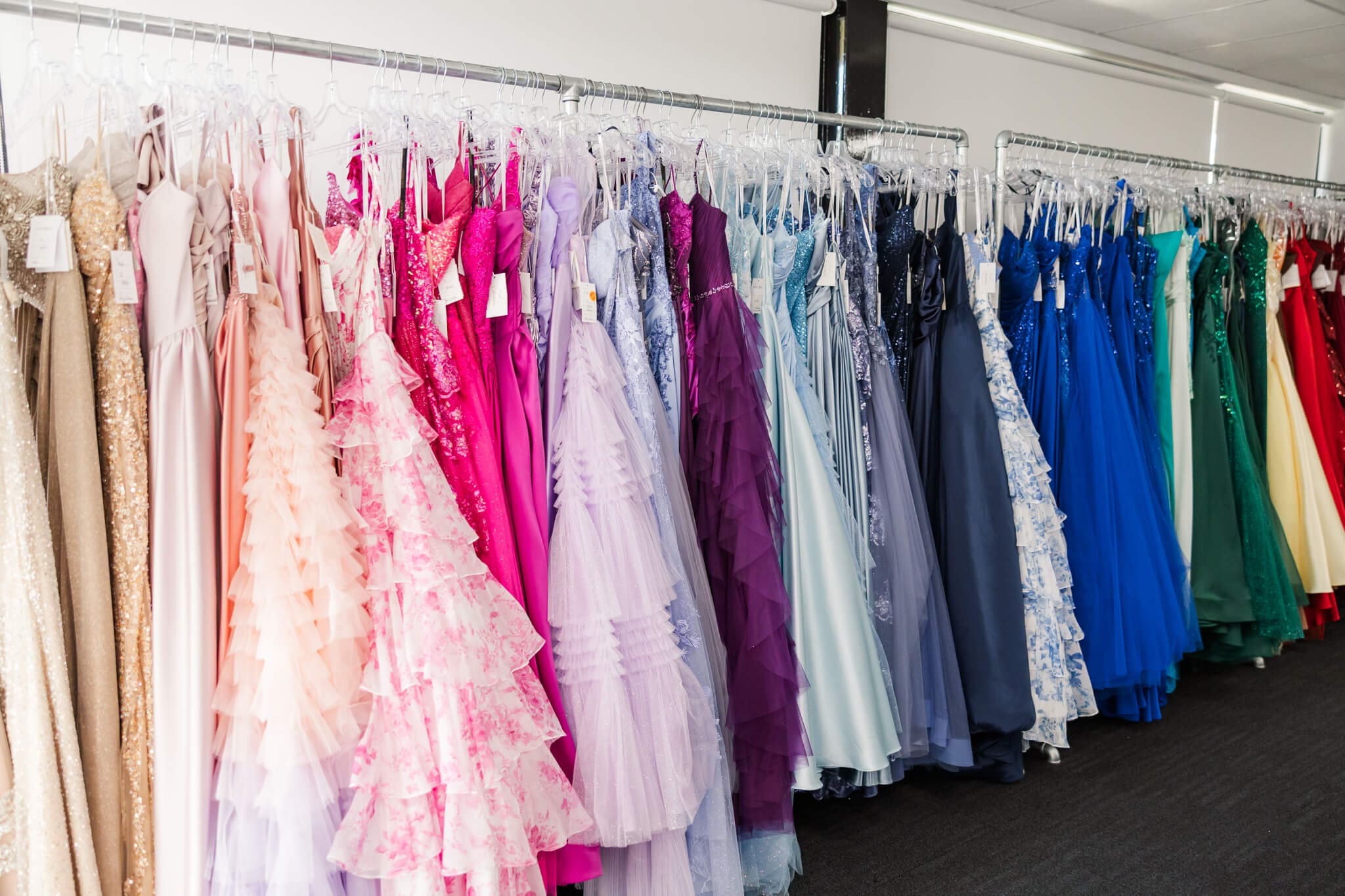 Rack of graduate dresses in a formal dress store in Rockhampton.