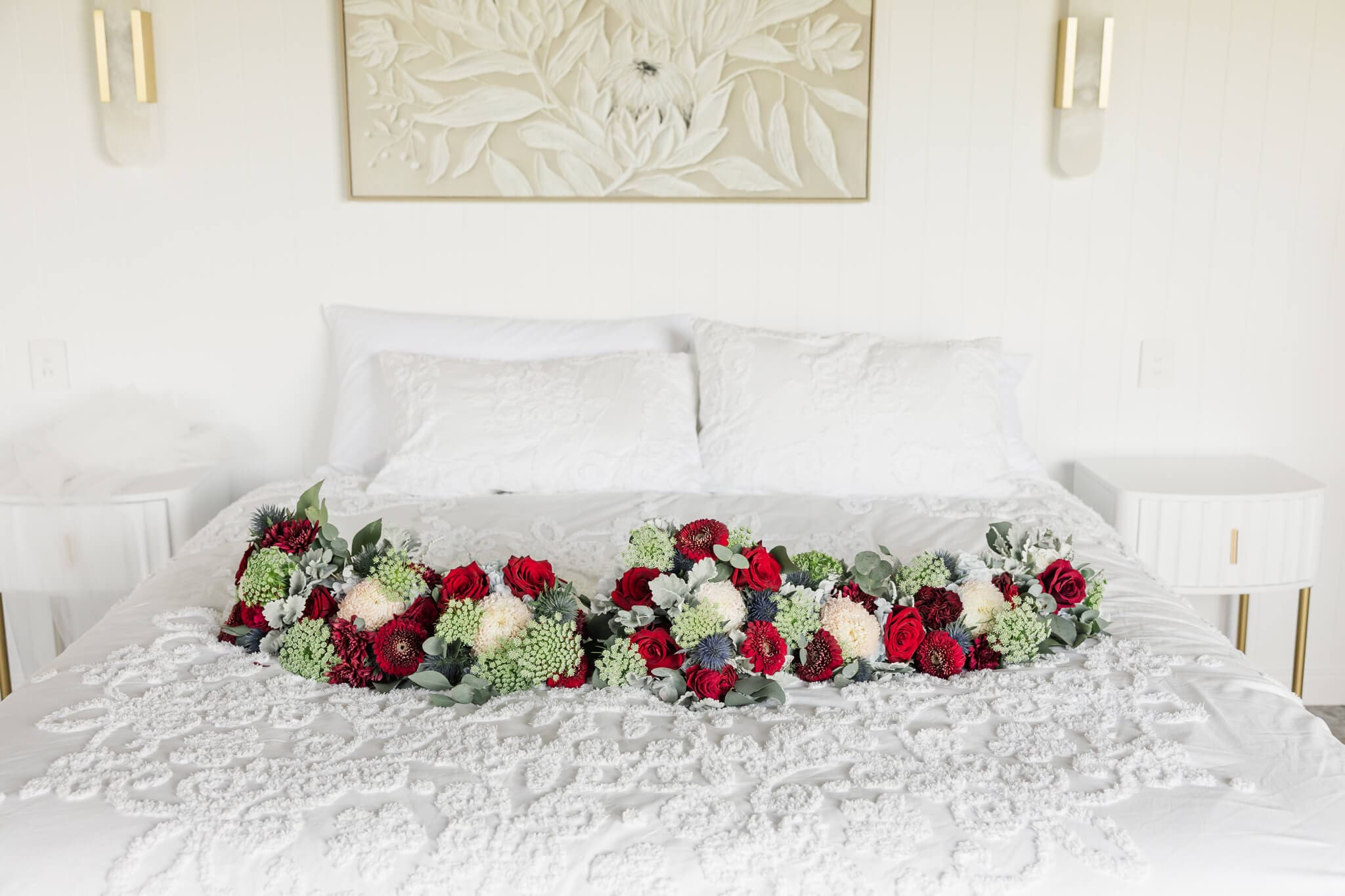 A row of bouquets created by Yeppoon Florist Dusty Blooms for a bride and her bridesmaids.