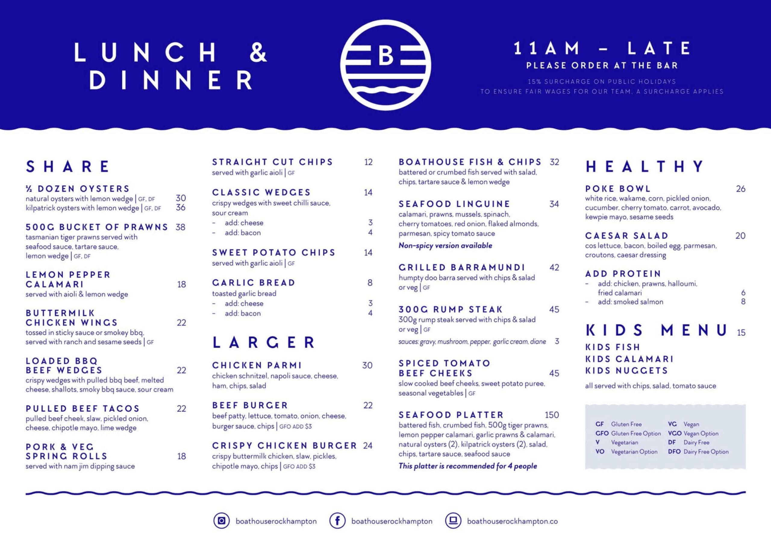 Menu for the Boathouse Restaurant, Rockhampton.