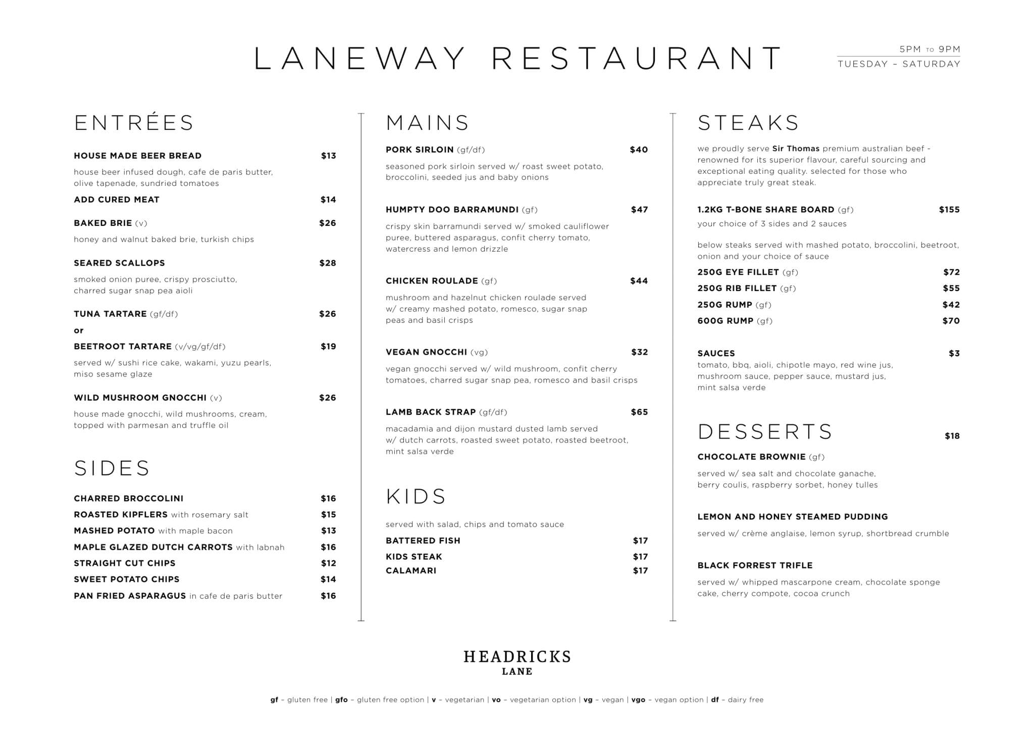 Menu for Headricks Lane, Laneway Restaurant, Rockhampton.