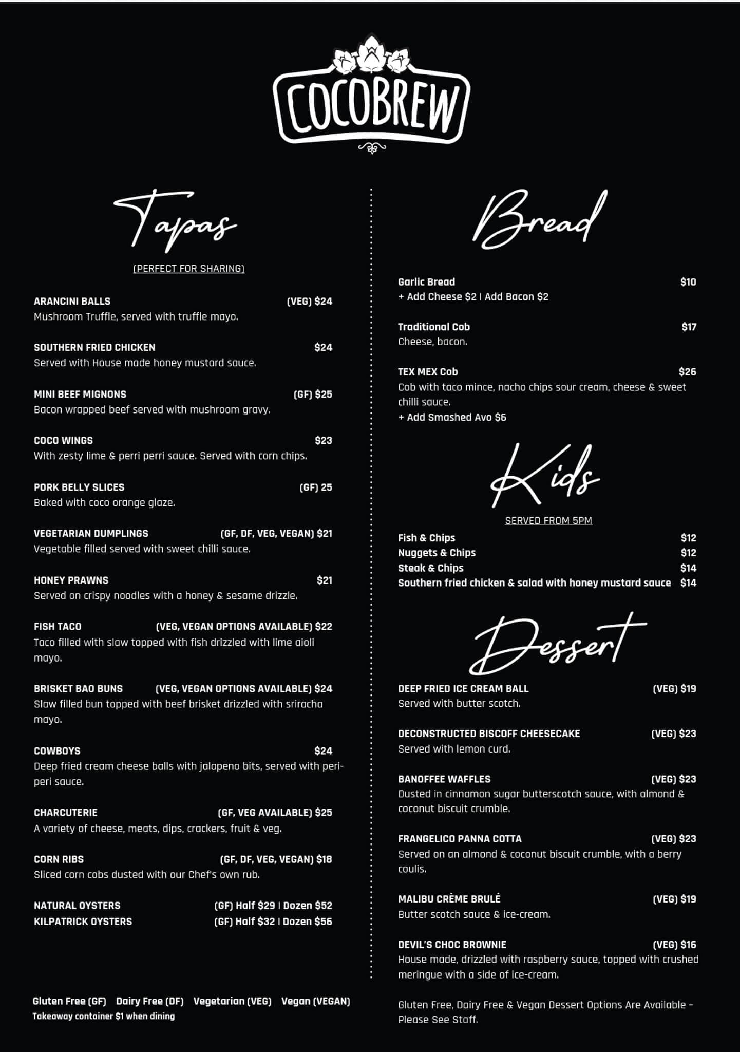 Menu to Cocobrew, a Rockhampton restaurant.