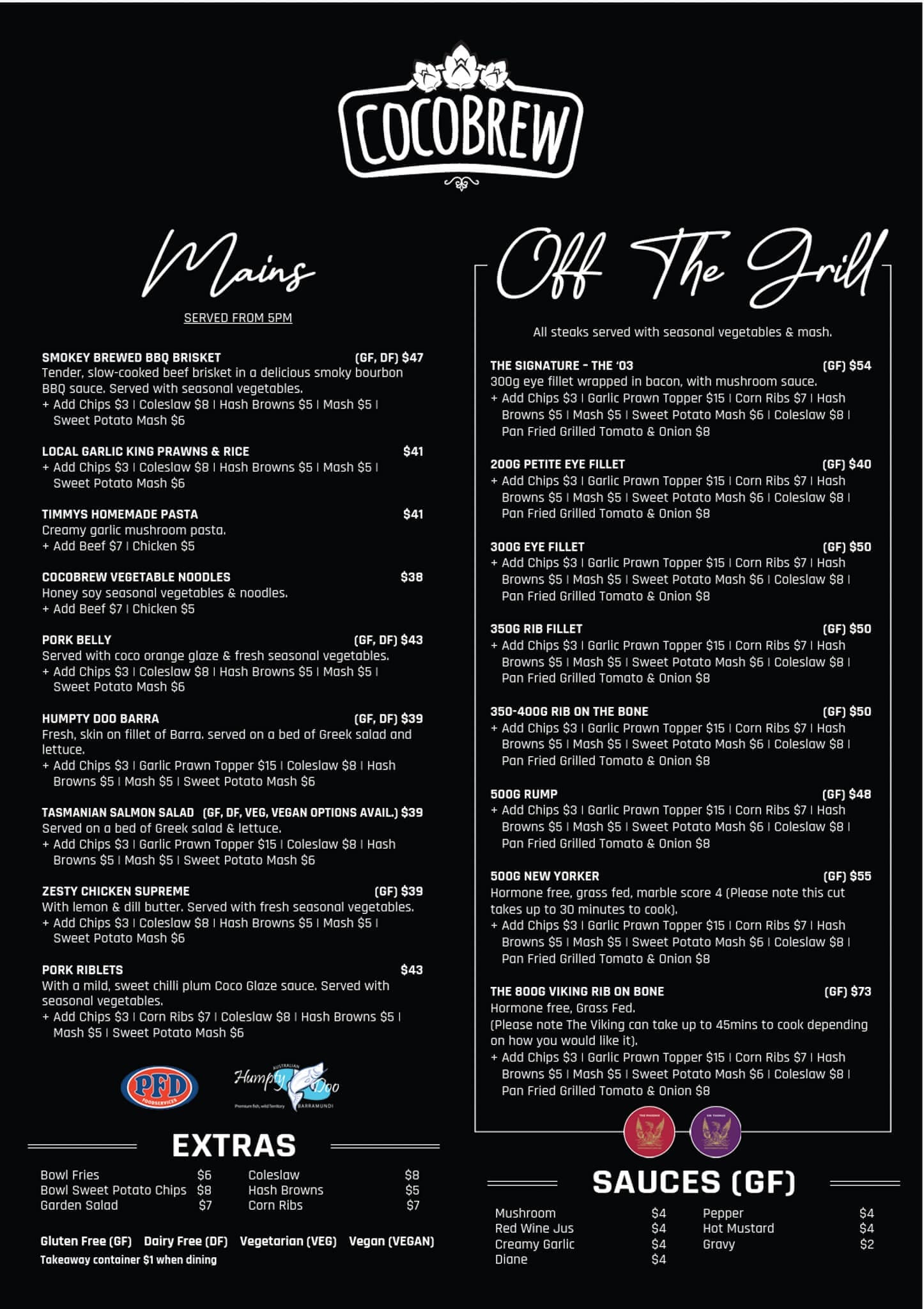 Menu to Cocobrew, a Rockhampton restaurant.