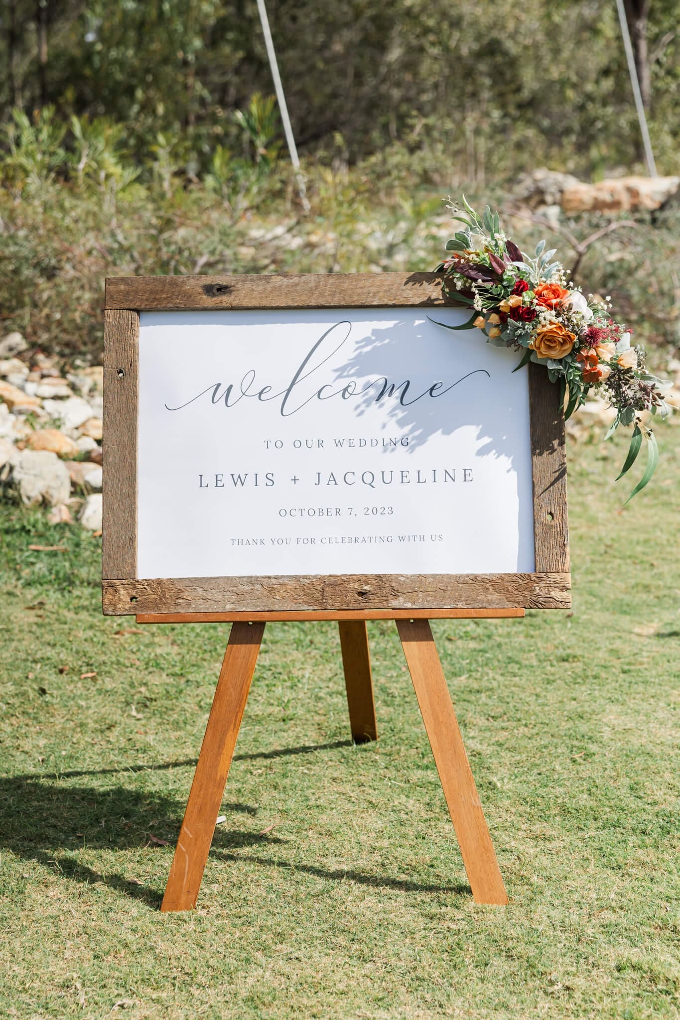 Welcome sign to a wedding with the bride and groom's names on it.
