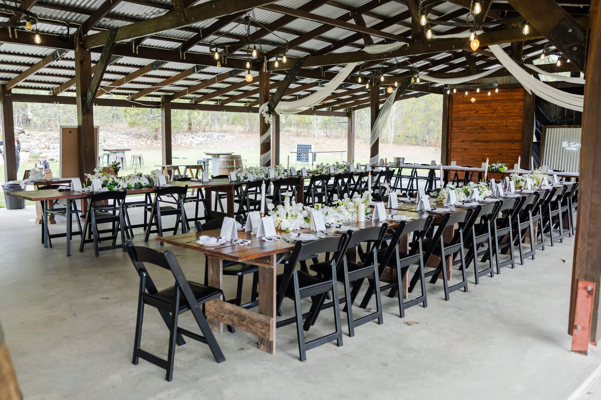 Reception set up at The Barn at the Mountain, a wedding venue near Yeppoon.