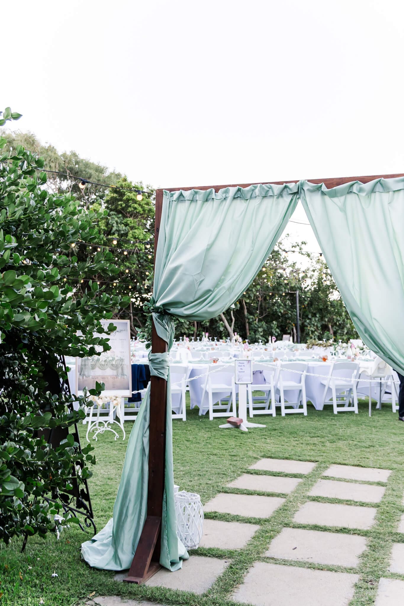 Reception set up outdoors at The Haven Yeppoon, a wedding venue near Emu Park.